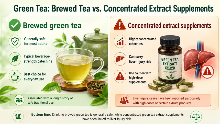Comparison showing brewed green tea is generally safe while concentrated extract supplements carry liver-injury risk.