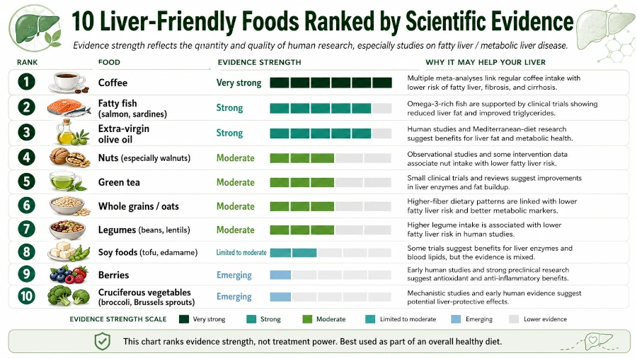 Chart ranking ten best foods for the liver by strength of scientific evidence.