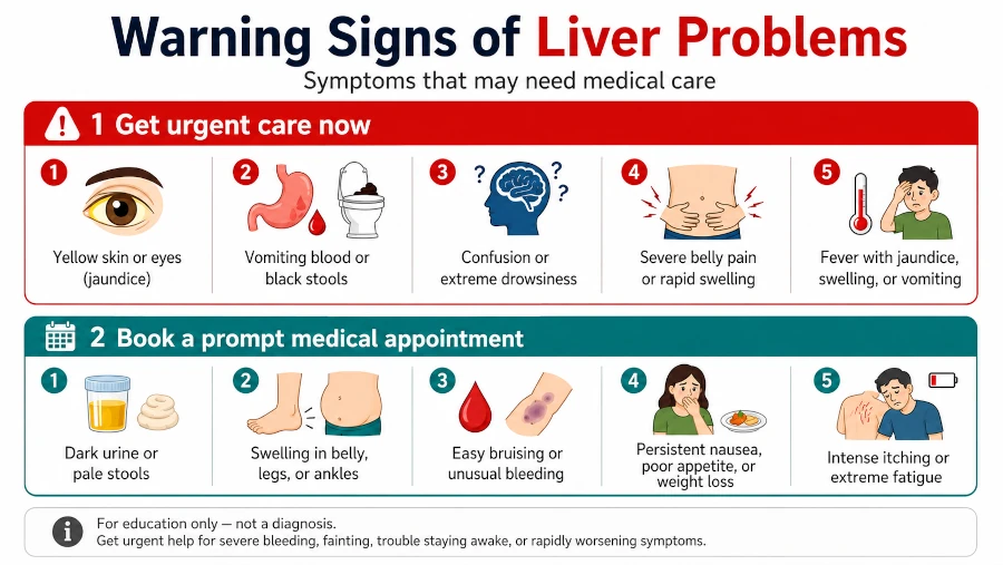 Infographic of warning signs of liver problems that need medical care.