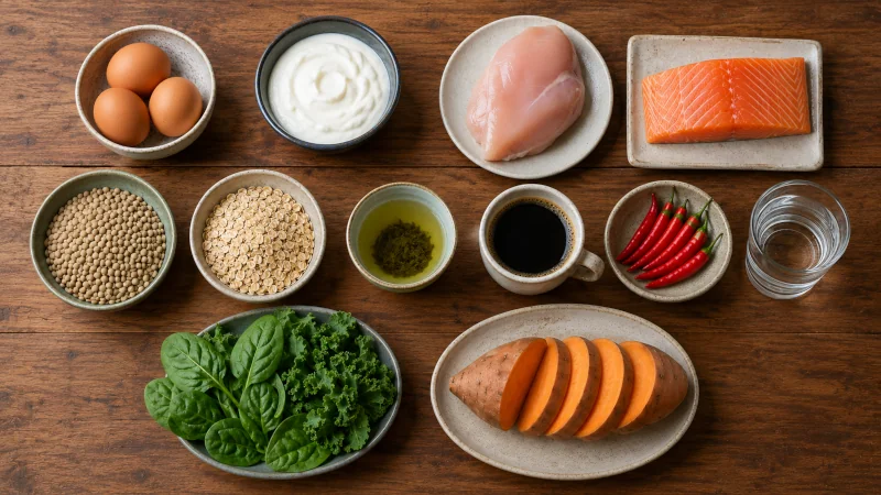 : Overhead flat-lay arrangement of 12 metabolism-supporting foods: eggs, Greek yogurt, chicken breast, salmon, lentils, oats, green tea, coffee, chili peppers, glass of water, leafy greens, and a sliced sweet potato on a wooden surface.