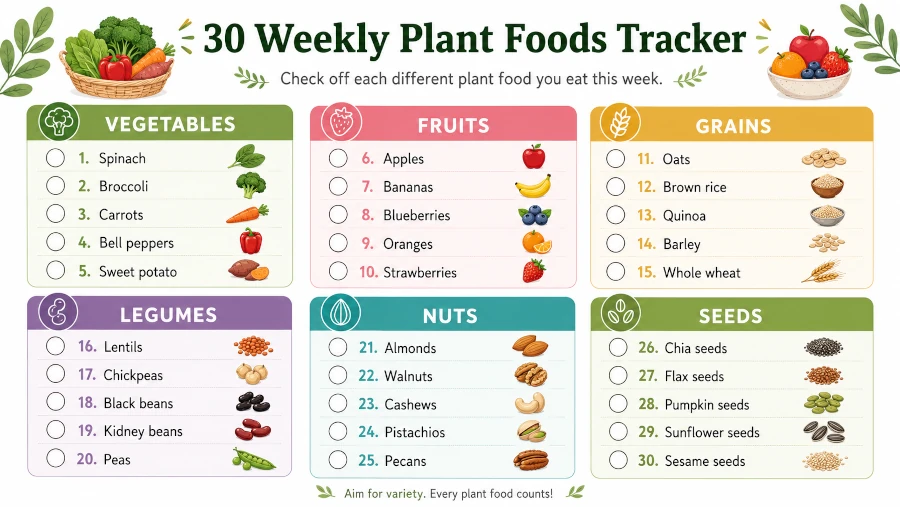 Tracker showing thirty different weekly plant foods across vegetables, fruits, grains, legumes, nuts, and seeds.