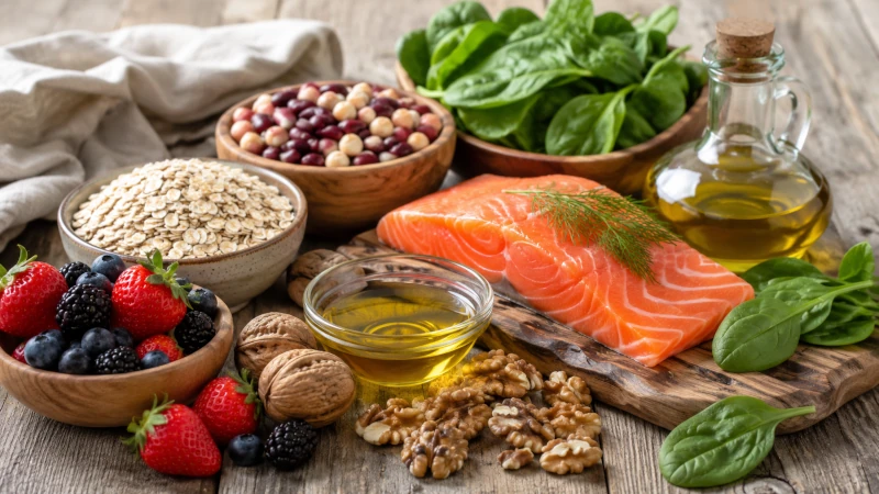 Salmon, oats, walnuts, olive oil, beans, leafy greens and berries arranged on a table.
