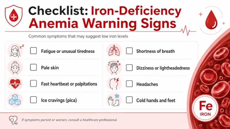 Checklist of iron-deficiency anemia warning signs such as fatigue, pale skin, fast heartbeat and ice cravings