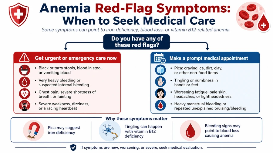 Decision guide showing anemia red-flag symptoms such as pica, internal bleeding, and tingling that warrant medical care.
