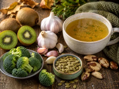 An assortment of best foods for cold and flu that support immune health during cold and flu season: kiwi, garlic, broccoli, pumpkin seeds, Brazil nuts, and chicken broth.