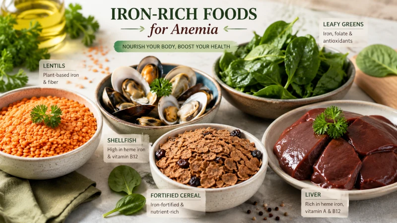 Lentils, shellfish, leafy greens, liver, and fortified cereal arranged as iron-rich foods for anemia.
