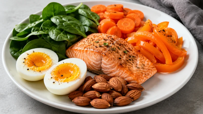 Best foods for eye health including a plate of spinach, carrots, salmon, eggs, orange bell pepper, and almonds.