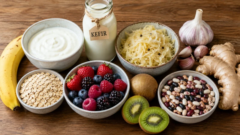 The best foods for gut health such as yogurt, kefir, sauerkraut, oats, garlic, beans, banana, kiwifruit, berries, and ginger arranged on a table.