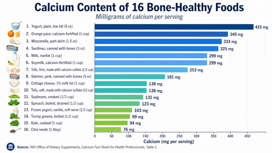 Bar chart comparing calcium content of 16 bone-healthy foods per serving.
