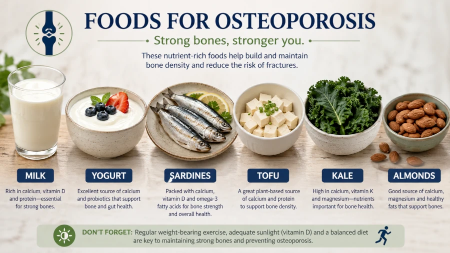 Best foods for osteoporosis including milk, yogurt, sardines, tofu, kale and almonds.