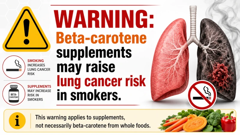 Warning graphic explaining beta-carotene supplements raise lung cancer risk in smokers.
