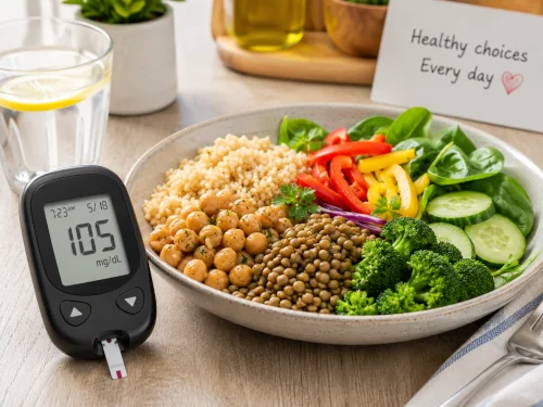 A blood glucose monitor showing a reading alongside a balanced plate of vegetables, legumes, and whole grains for someone with diabetes.