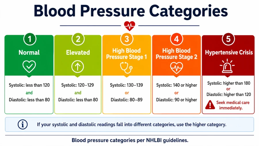 Chart showing blood pressure categories from normal to hypertensive crisis.