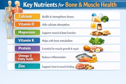 Chart showing seven key nutrients for bone and muscle health with their primary functions.