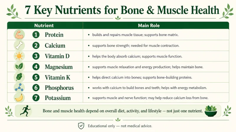 Chart of seven key nutrients for bone and muscle health and their main roles.
