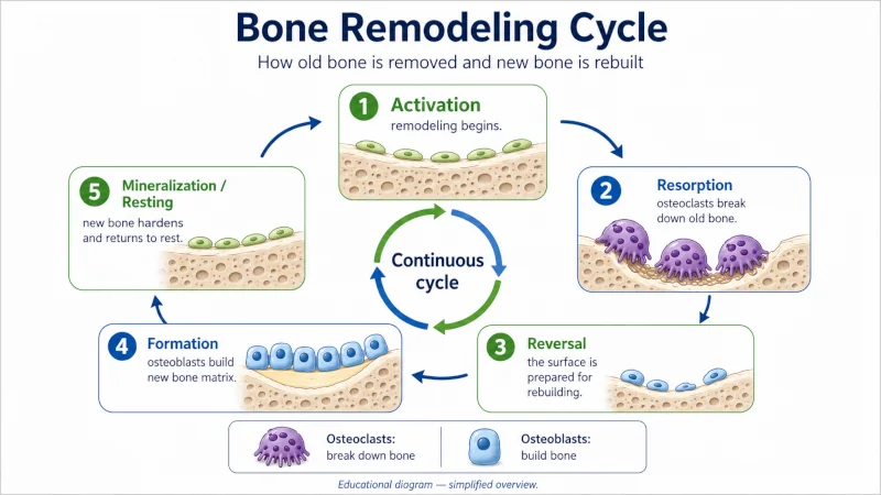 Diagram of the bone remodeling cycle showing osteoclasts breaking down and osteoblasts rebuilding bone.