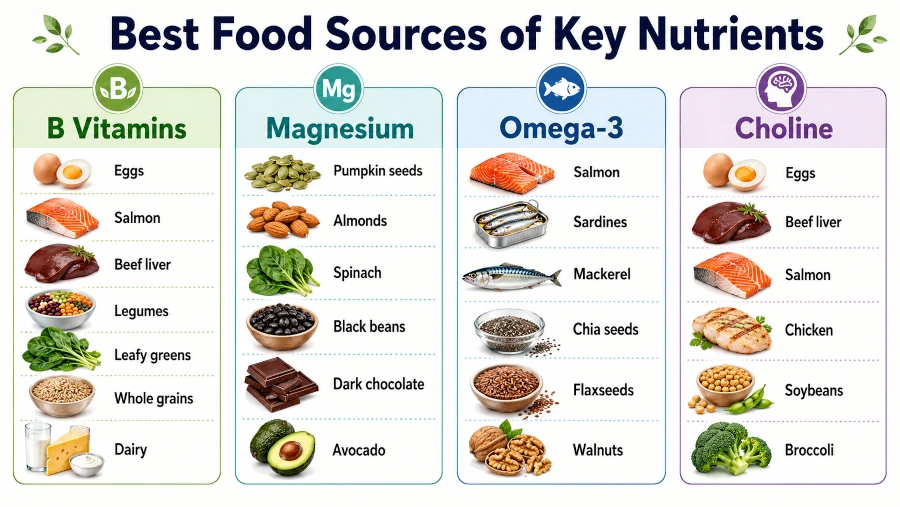 Chart showing B vitamins, magnesium, omega-3 and choline with their best food sources.