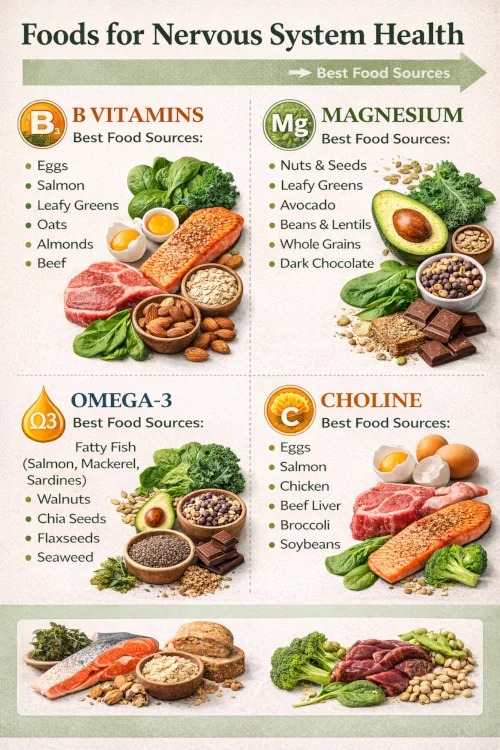 Chart showing B vitamins, magnesium, omega-3 and choline with their best food sources.