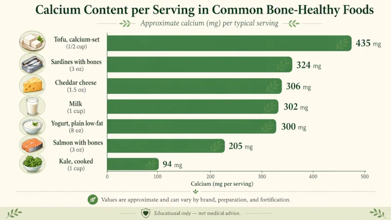 Bar chart comparing calcium content per serving across common bone-healthy foods.
