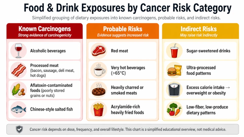 Chart grouping food and drink exposures into known carcinogens, probable risks, and indirect risks.
