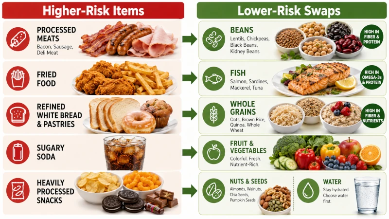 Side-by-side of higher-risk foods that cause cancer and lower-risk swaps such as beans, fish, and whole grains.