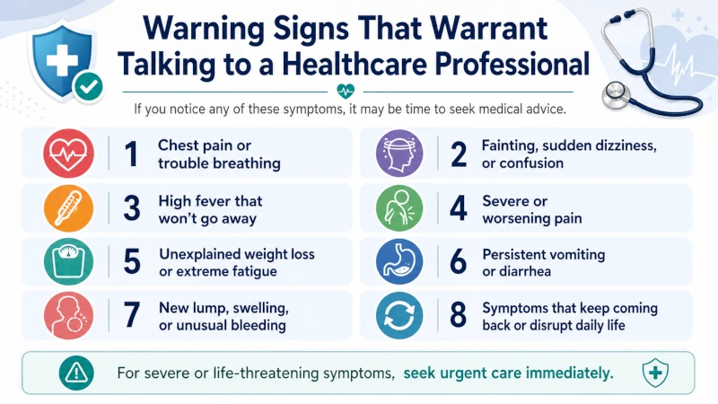 List-style graphic of warning signs that warrant talking to a healthcare professional.
