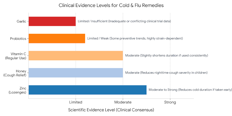 Bar chart comparing evidence levels (strong, moderate, limited) for foods including vitamin C, zinc, garlic, honey, and probiotics in cold and flu support.