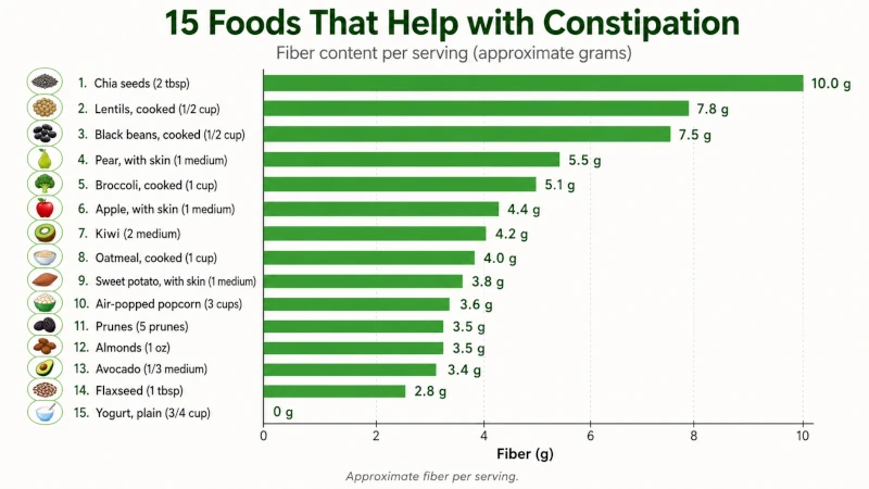 Bar chart comparing fiber content per serving of 15 foods that help with constipation, from chia seeds (10 g) to yogurt (0 g)
