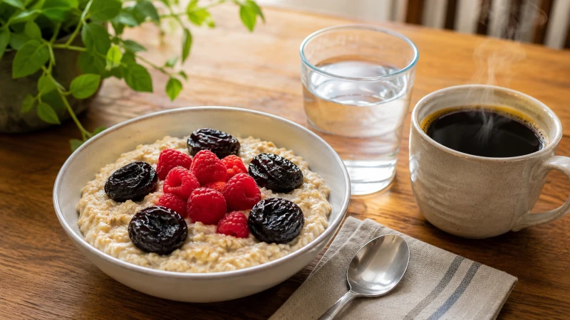 oatmeal topped with 5 prunes and a handful of raspberries, a glass of water, and a cup of hot coffee — showing how several of the top foods combine naturally into one meal.