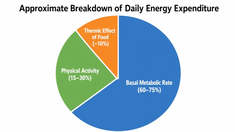 Pie chart showing approximate breakdown of daily energy expenditure: basal metabolic rate 60-75%, physical activity 15-30%, thermic effect of food about 10%.