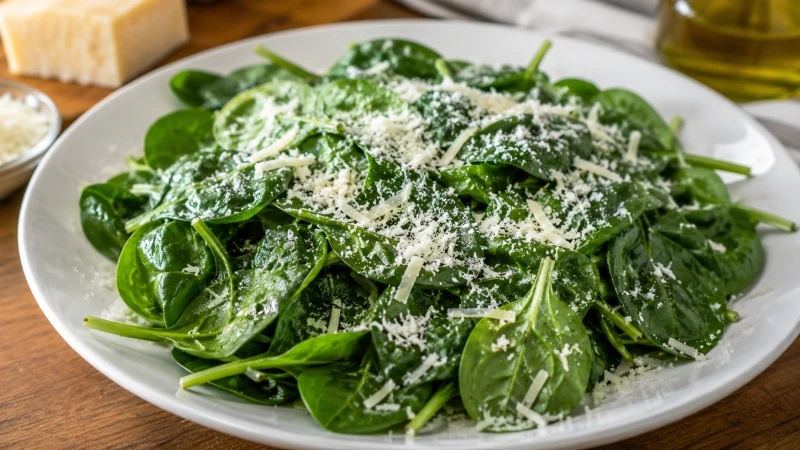 Plate of spinach salad topped with grated parmesan cheese, illustrating the strategy of combining calcium-rich foods with high-oxalate foods at the same meal.