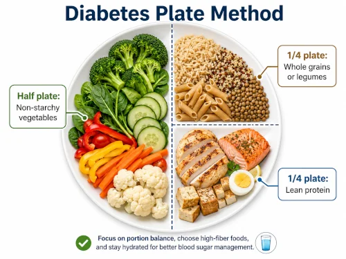 Diagram showing the diabetes plate method with half the plate filled with non-starchy vegetables, one quarter with whole grains or legumes, and one quarter with lean protein.