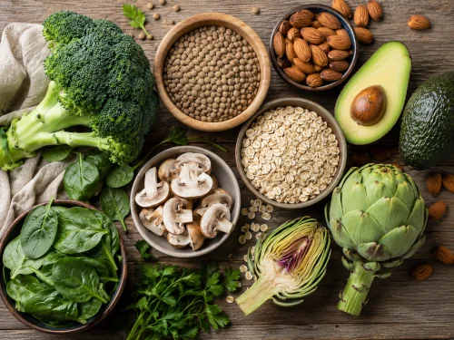 Overhead view of diabetic friendly foods including lentils, avocado, broccoli, oats, almonds, mushrooms, and artichoke arranged on a wooden surface.