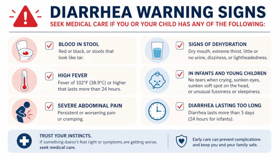 Checklist of diarrhea warning signs that require medical care, such as blood in stool and high fever.