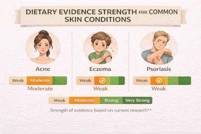 Chart comparing dietary evidence strength for common skin conditions including acne, eczema, and psoriasis.