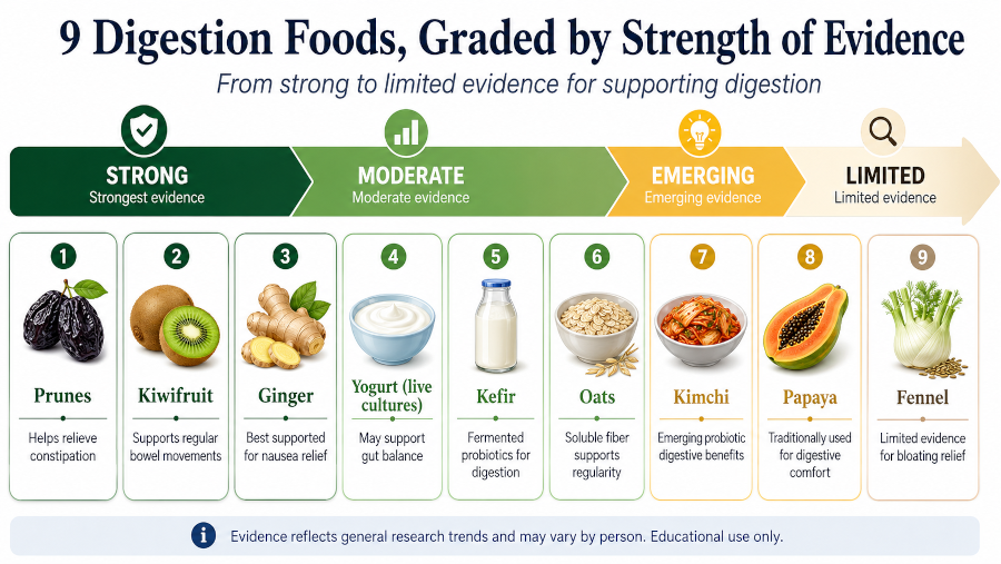 Chart grading nine digestion foods by strength of evidence, from strong to limited.