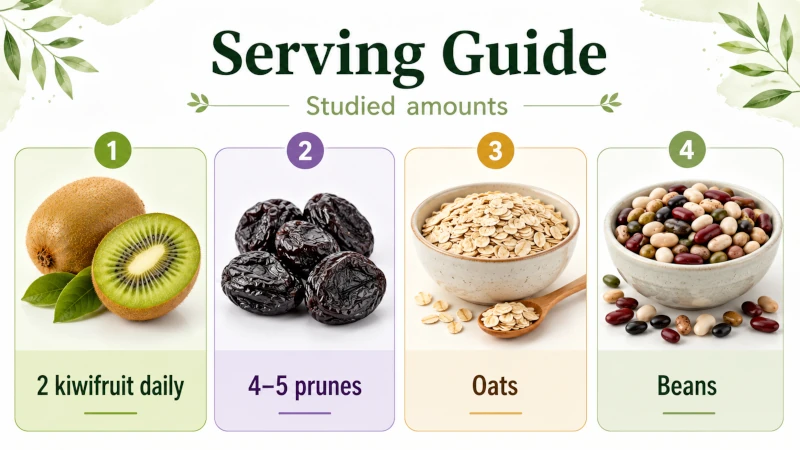 Serving guide showing studied amounts: two kiwifruit daily, four to five prunes, oats, beans.