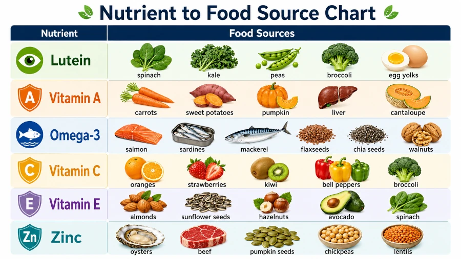 Chart matching lutein, vitamin A, omega-3, vitamin C, vitamin E, and zinc to food sources.
