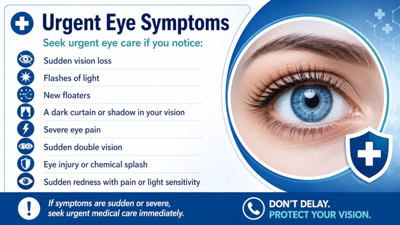 List of urgent eye symptoms such as sudden vision loss, flashes, and new floaters.