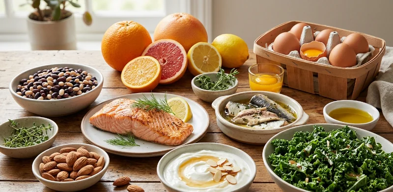 Assortment of foods for bone and muscle health: almonds, yogurt, kale, salmon, sardines, citrus, beans, eggs.