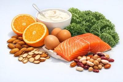 Assortment of foods for bone and muscle health: almonds, yogurt, kale, salmon, citrus, beans, eggs.