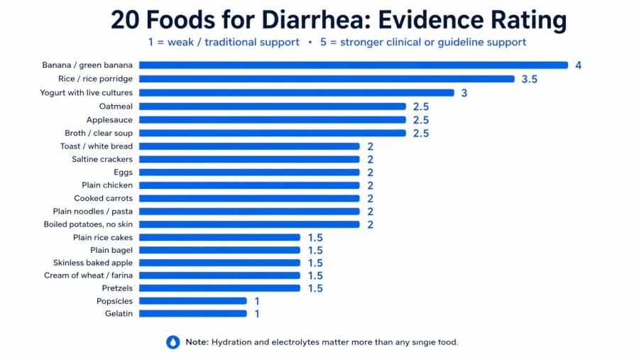Chart rating 20 foods for diarrhea by strength of supporting evidence.