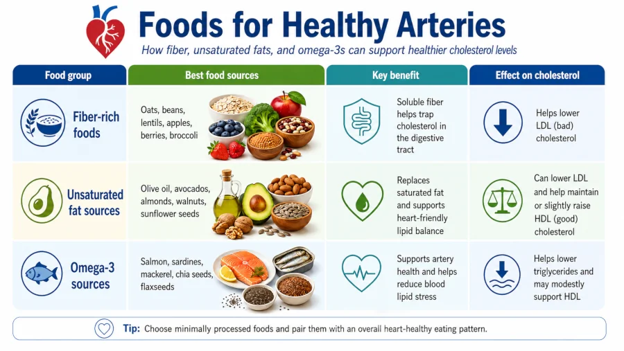 Comparison chart of foods for healthy arteries showing fiber, unsaturated fats, and omega-3 sources and their effect on cholesterol.