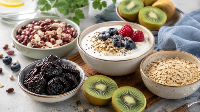 Assortment of foods for healthy digestion including prunes, kiwifruit, yogurt, oats, and beans.