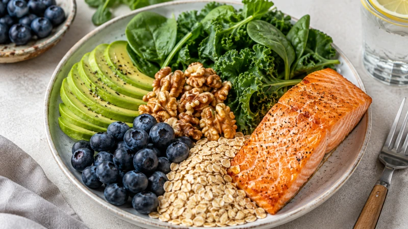 Plate of foods for the nervous system including salmon, leafy greens, walnuts, blueberries, oats and avocado.