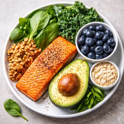 Plate of foods for the nervous system including salmon, leafy greens, walnuts, blueberries, oats and avocado.