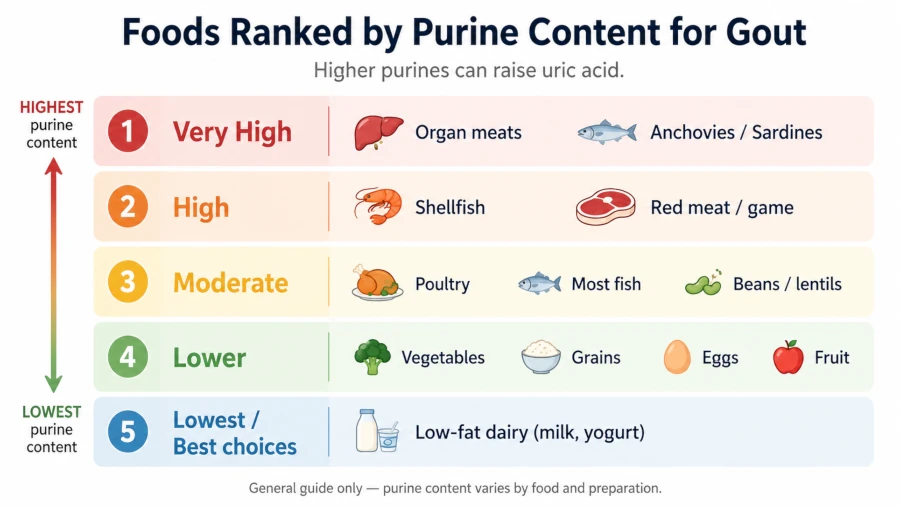 Chart ranking foods that cause gout by purine content, from organ meats and shellfish down to low-fat dairy.