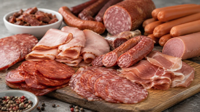 Assorted processed meats, sausages, and salami — foods that cause high blood pressure.