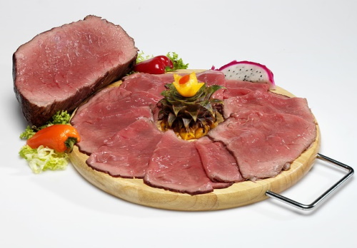 Foods that cause kidney stones:  Image of slab of roast beef on a platter.