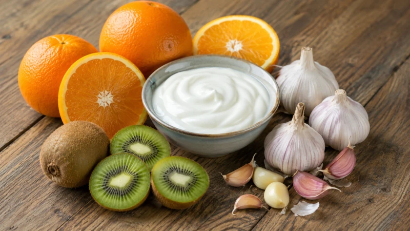foods that fight infections such as Oranges, kiwi, garlic and a bowl of yogurt arranged on a wooden table.